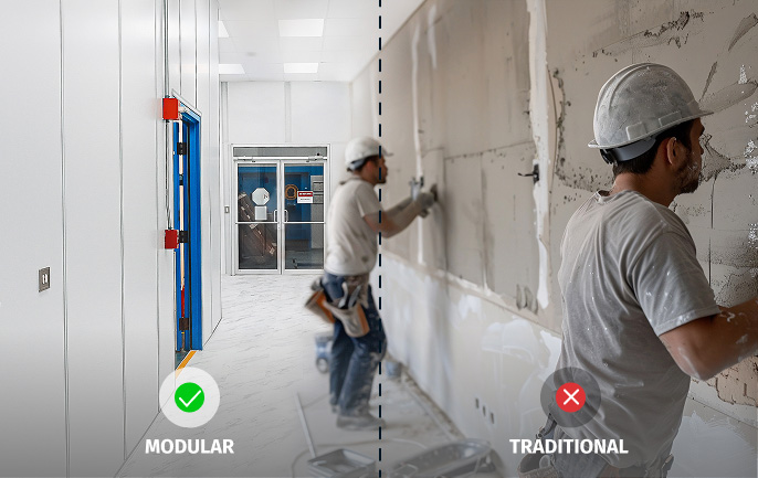 Split image showing the cleanliness of Modular building construction vs the mess of traditional construction