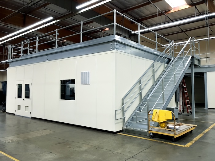 3-wall modular office with mezzanine on top